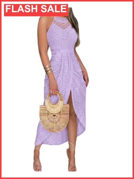 Dresses & Skirts - Women's Summer Halter Maxi Dress Eyelet Embroidery Side Slit